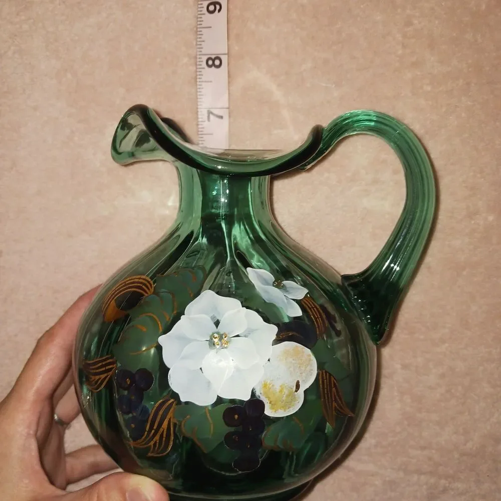 Fenton Seafoam Green Pitcher Floral Art Glass 7
